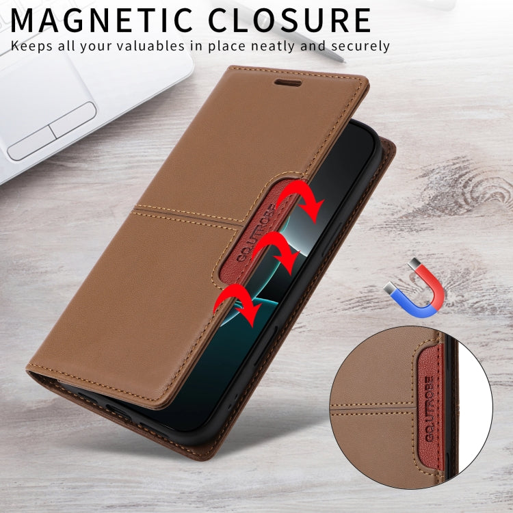 For iPhone 14 / 13 GQUTROBE G01 RFID Anti-theft Leather Phone Case(Brown)