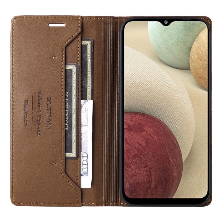 For Samsung Galaxy A12 / M12 GQUTROBE G01 RFID Anti-theft Leather Phone Case(Brown)