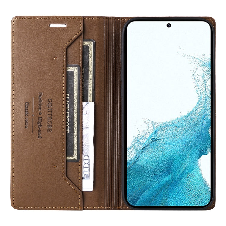 For Samsung Galaxy S21 FE 5G GQUTROBE G01 RFID Anti-theft Leather Phone Case(Brown)