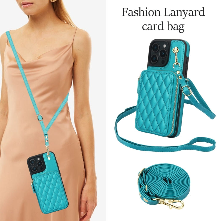 For iPhone 16 Pro Max AwQuer Crossbody Zipper Wallet Rhombic Leather Back Phone Case(Green)