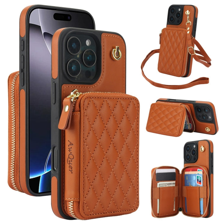 For iPhone 16 Pro Max AwQuer Crossbody Zipper Wallet Rhombic Leather Back Phone Case(Brown)
