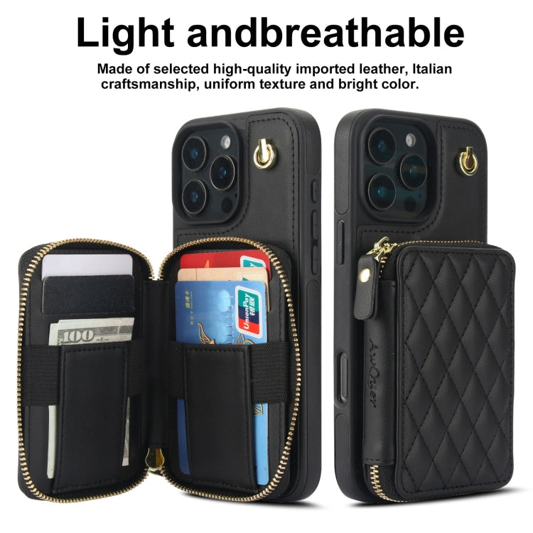For iPhone 16 Pro AwQuer Crossbody Zipper Wallet Rhombic Leather Back Phone Case(Black)