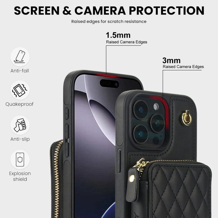 For iPhone 16 Pro AwQuer Crossbody Zipper Wallet Rhombic Leather Back Phone Case(Black)