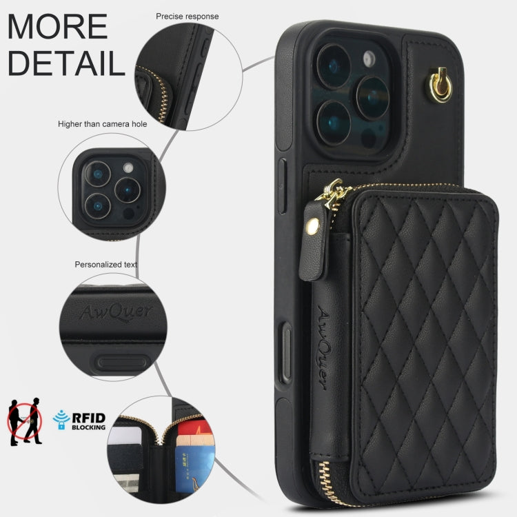 For iPhone 16 Pro AwQuer Crossbody Zipper Wallet Rhombic Leather Back Phone Case(Black)