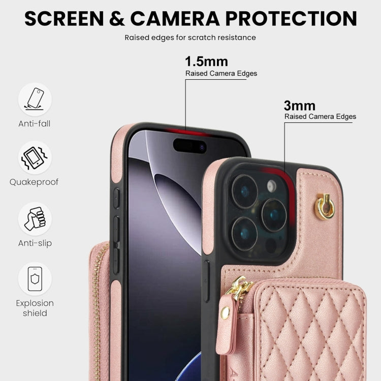 For iPhone 16 Pro AwQuer Crossbody Zipper Wallet Rhombic Leather Back Phone Case(Rose Gold)