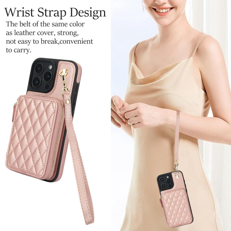 For iPhone 16 Pro AwQuer Crossbody Zipper Wallet Rhombic Leather Back Phone Case(Rose Gold)