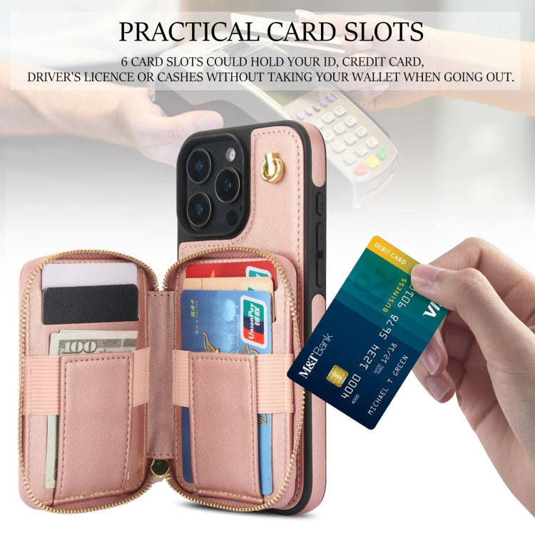 For iPhone 16 Pro AwQuer Crossbody Zipper Wallet Rhombic Leather Back Phone Case(Rose Gold)