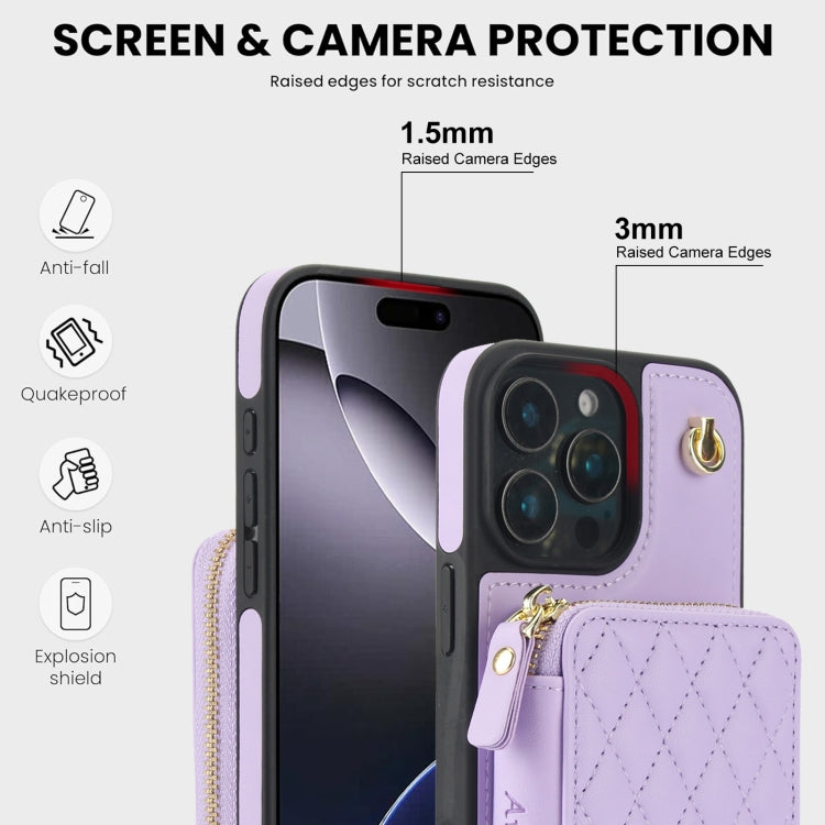 For iPhone 16 Pro AwQuer Crossbody Zipper Wallet Rhombic Leather Back Phone Case(Purple)
