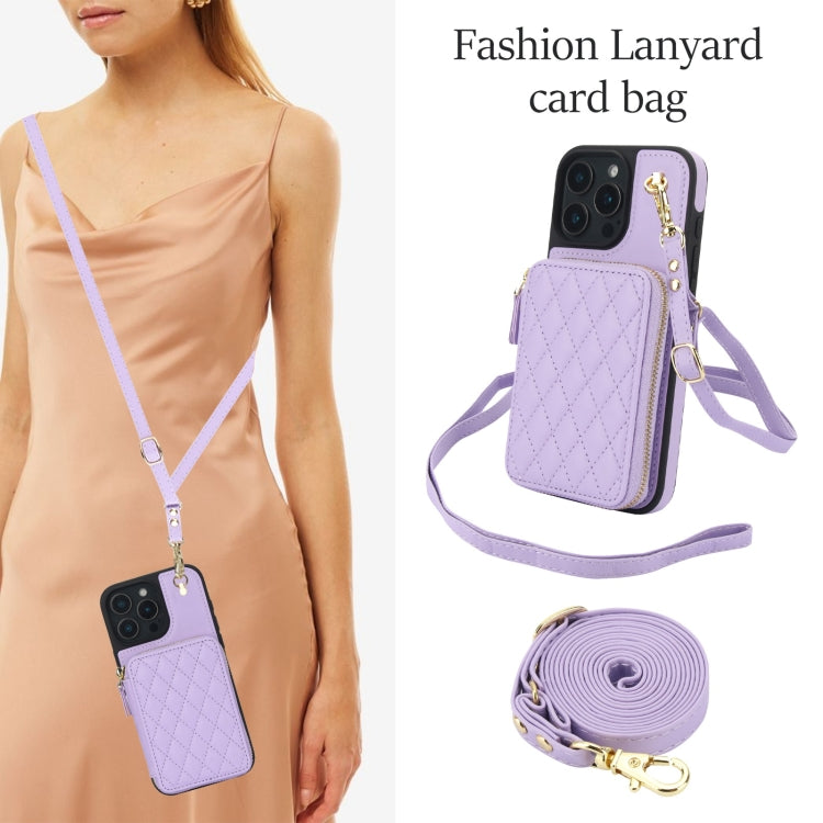 For iPhone 16 Pro AwQuer Crossbody Zipper Wallet Rhombic Leather Back Phone Case(Purple)