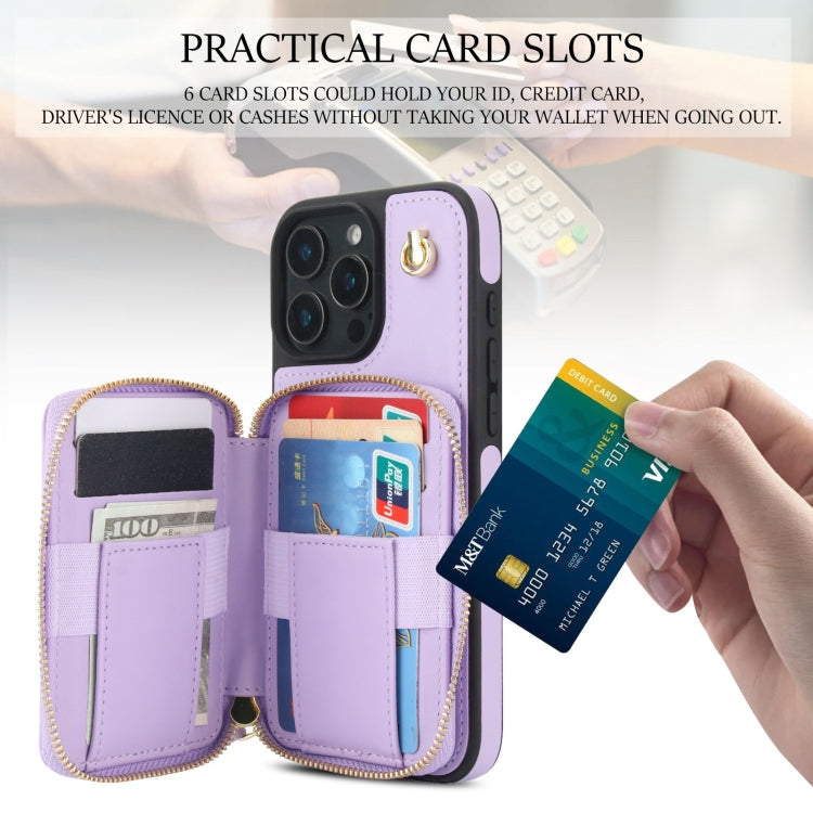 For iPhone 16 Pro AwQuer Crossbody Zipper Wallet Rhombic Leather Back Phone Case(Purple)