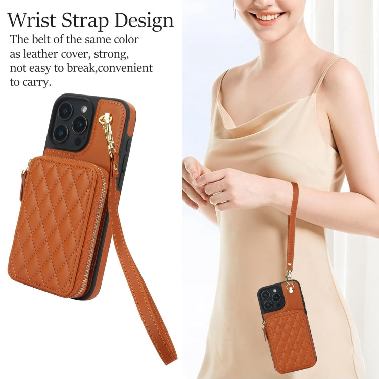For iPhone 16 Pro AwQuer Crossbody Zipper Wallet Rhombic Leather Back Phone Case(Brown)