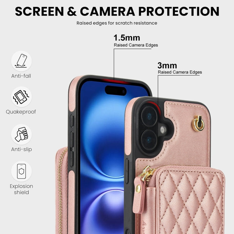 For iPhone 16 Plus AwQuer Crossbody Zipper Wallet Rhombic Leather Back Phone Case(Rose Gold)