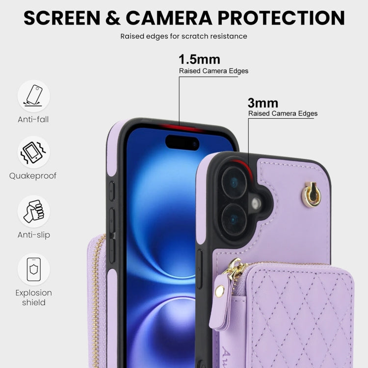 For iPhone 16 Plus AwQuer Crossbody Zipper Wallet Rhombic Leather Back Phone Case(Purple)