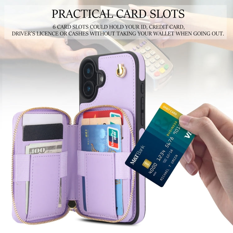 For iPhone 16 Plus AwQuer Crossbody Zipper Wallet Rhombic Leather Back Phone Case(Purple)