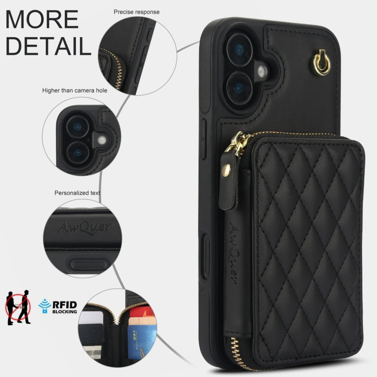 For iPhone 16 AwQuer Crossbody Zipper Wallet Rhombic Leather Back Phone Case(Black)