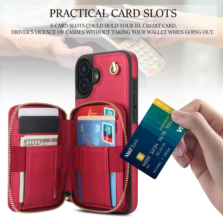 For iPhone 16 AwQuer Crossbody Zipper Wallet Rhombic Leather Back Phone Case(Red)