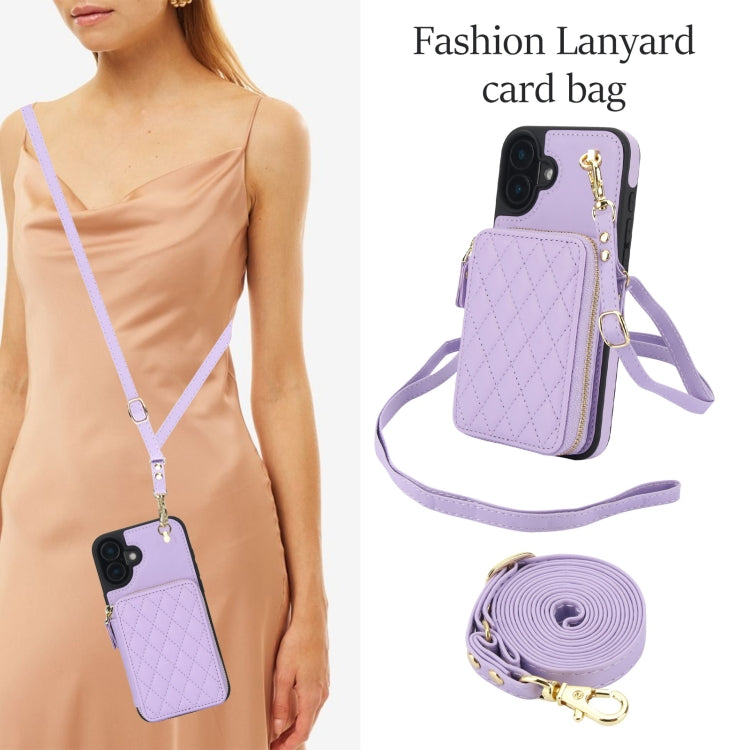 For iPhone 16 AwQuer Crossbody Zipper Wallet Rhombic Leather Back Phone Case(Purple)
