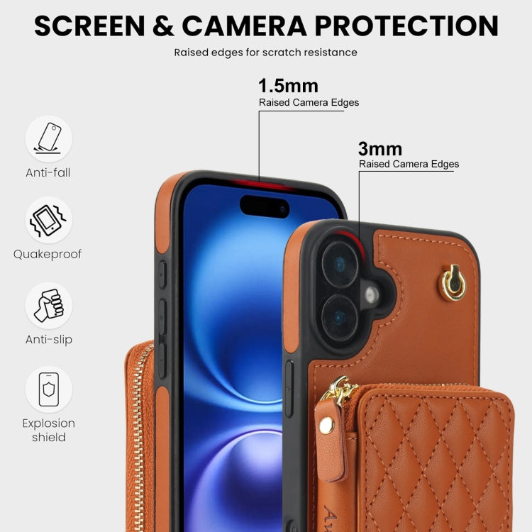 For iPhone 16 AwQuer Crossbody Zipper Wallet Rhombic Leather Back Phone Case(Brown)