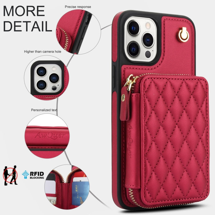 For iPhone 15 Pro Max AwQuer Crossbody Zipper Wallet Rhombic Leather Back Phone Case(Red)
