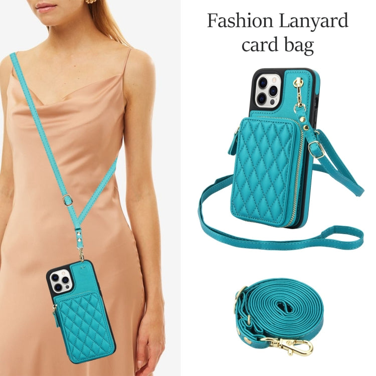 For iPhone 15 Pro Max AwQuer Crossbody Zipper Wallet Rhombic Leather Back Phone Case(Green)