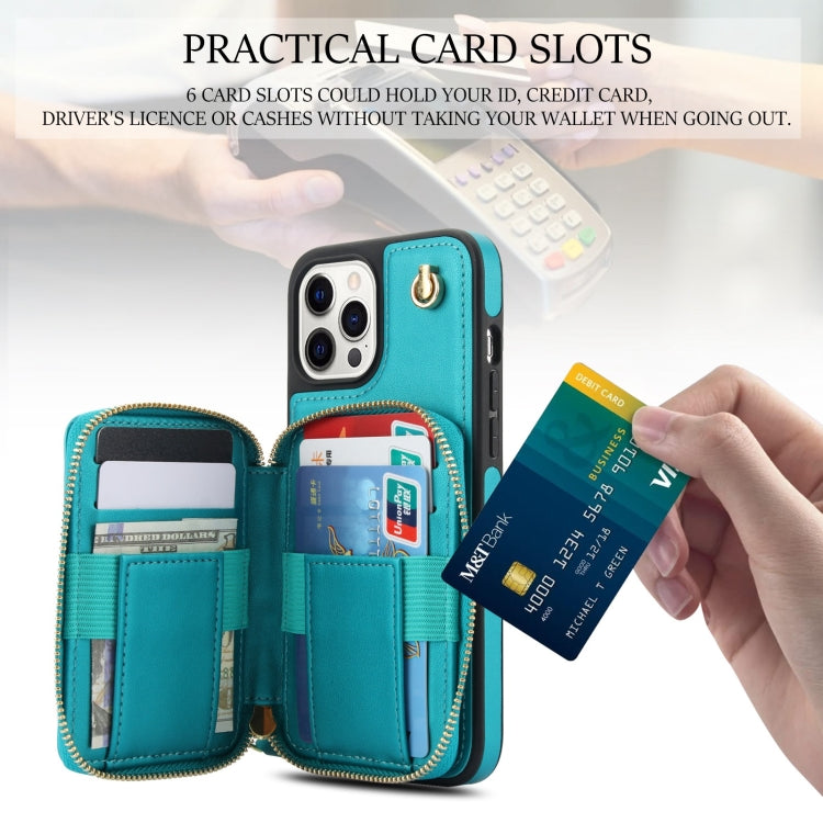 For iPhone 15 Pro Max AwQuer Crossbody Zipper Wallet Rhombic Leather Back Phone Case(Green)