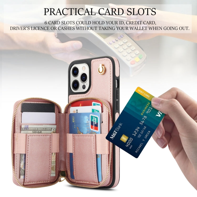 For iPhone 15 Pro Max AwQuer Crossbody Zipper Wallet Rhombic Leather Back Phone Case(Rose Gold)