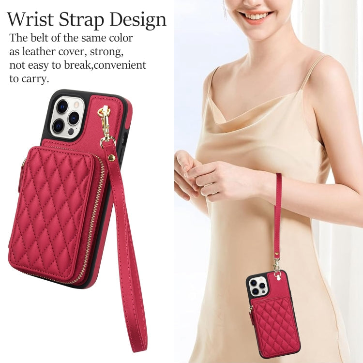 For iPhone 15 Pro AwQuer Crossbody Zipper Wallet Rhombic Leather Back Phone Case(Red)