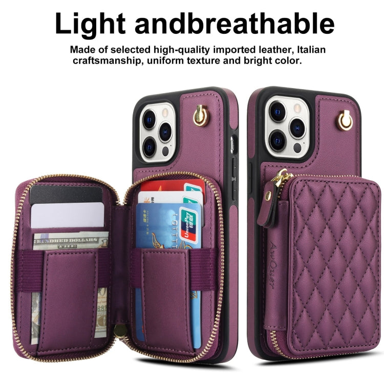 For iPhone 15 Pro AwQuer Crossbody Zipper Wallet Rhombic Leather Back Phone Case(Dark Purple)