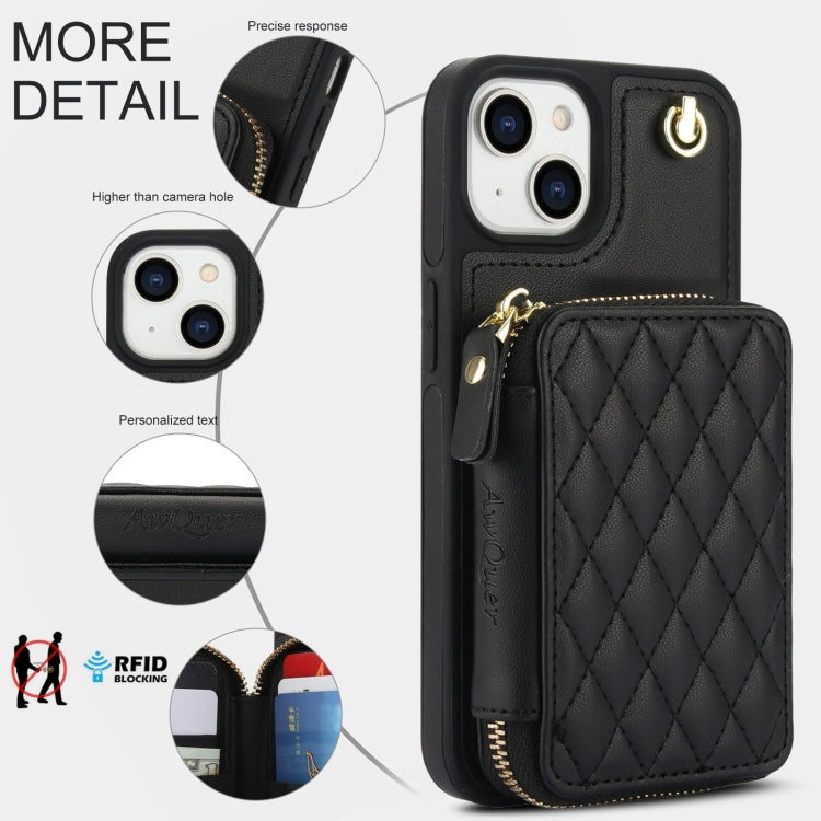 For iPhone 15 Plus AwQuer Crossbody Zipper Wallet Rhombic Leather Back Phone Case(Black)