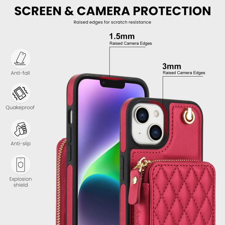 For iPhone 15 Plus AwQuer Crossbody Zipper Wallet Rhombic Leather Back Phone Case(Red)
