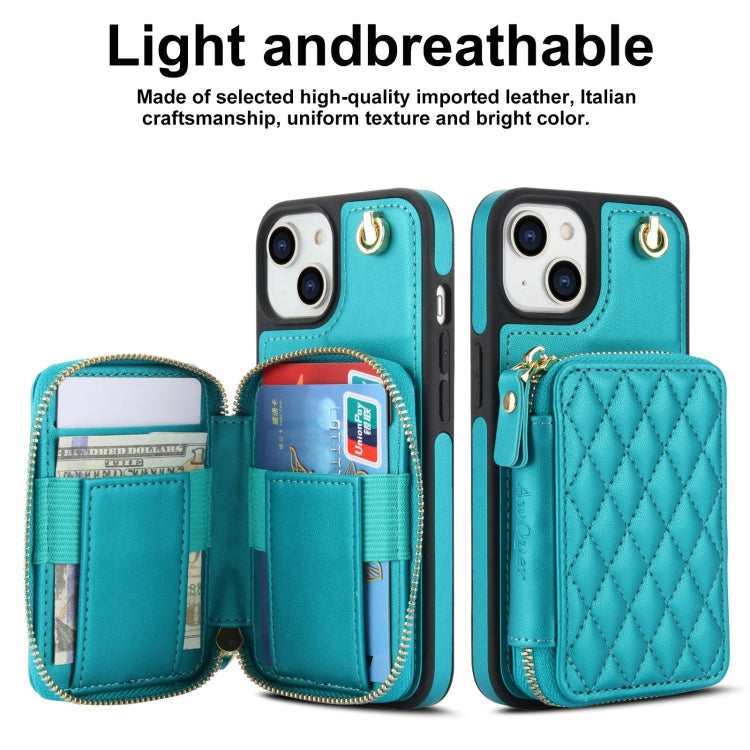 For iPhone 15 Plus AwQuer Crossbody Zipper Wallet Rhombic Leather Back Phone Case(Green)