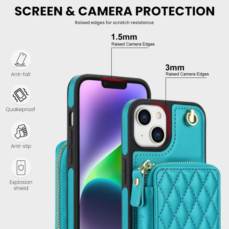 For iPhone 15 Plus AwQuer Crossbody Zipper Wallet Rhombic Leather Back Phone Case(Green)