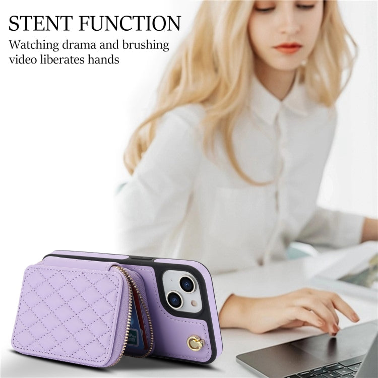 For iPhone 15 Plus AwQuer Crossbody Zipper Wallet Rhombic Leather Back Phone Case(Purple)