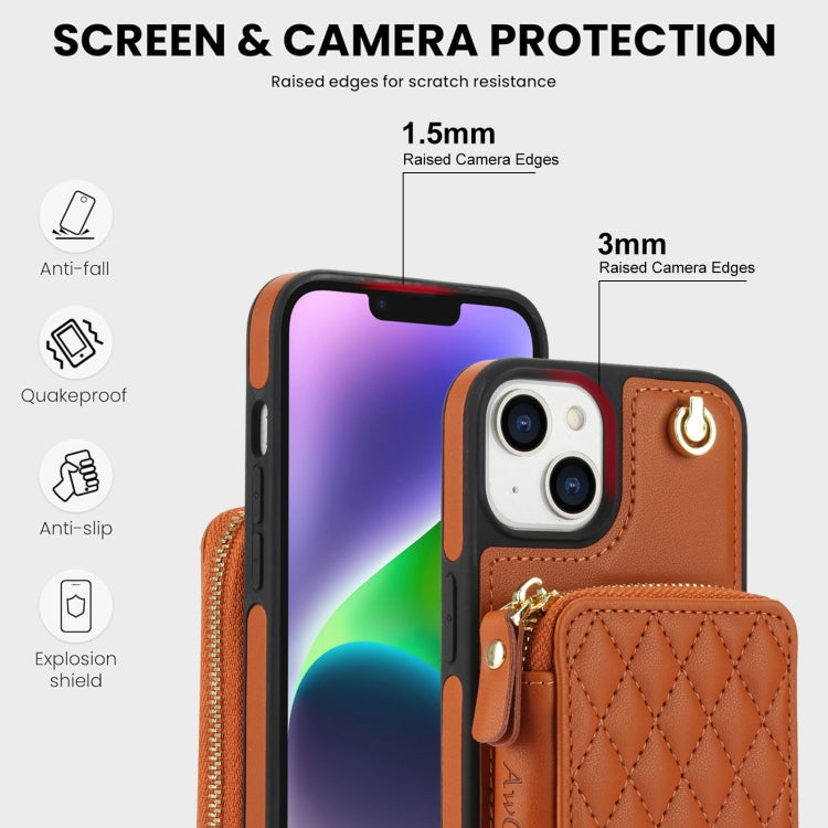 For iPhone 15 Plus AwQuer Crossbody Zipper Wallet Rhombic Leather Back Phone Case(Brown)