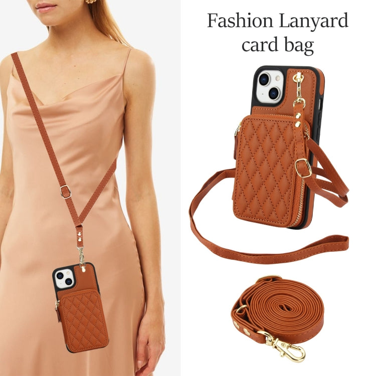 For iPhone 15 Plus AwQuer Crossbody Zipper Wallet Rhombic Leather Back Phone Case(Brown)