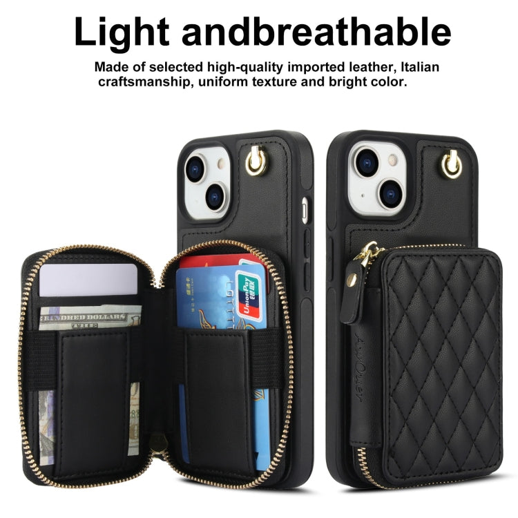 For iPhone 15 AwQuer Crossbody Zipper Wallet Rhombic Leather Back Phone Case(Black)