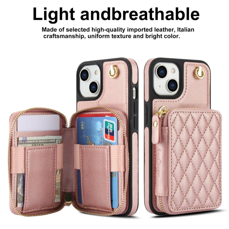 For iPhone 15 AwQuer Crossbody Zipper Wallet Rhombic Leather Back Phone Case(Rose Gold)