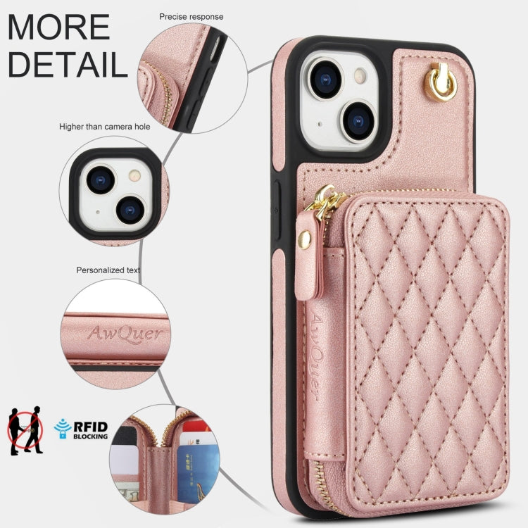 For iPhone 15 AwQuer Crossbody Zipper Wallet Rhombic Leather Back Phone Case(Rose Gold)