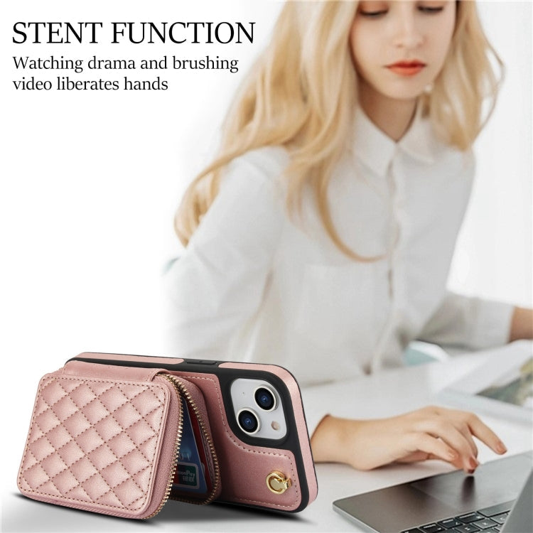 For iPhone 15 AwQuer Crossbody Zipper Wallet Rhombic Leather Back Phone Case(Rose Gold)