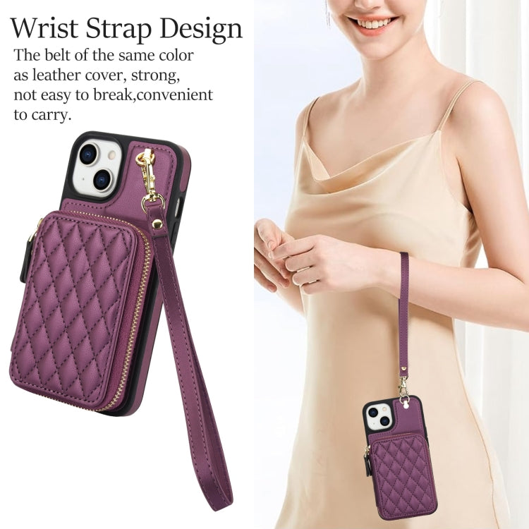 For iPhone 15 AwQuer Crossbody Zipper Wallet Rhombic Leather Back Phone Case(Dark Purple)