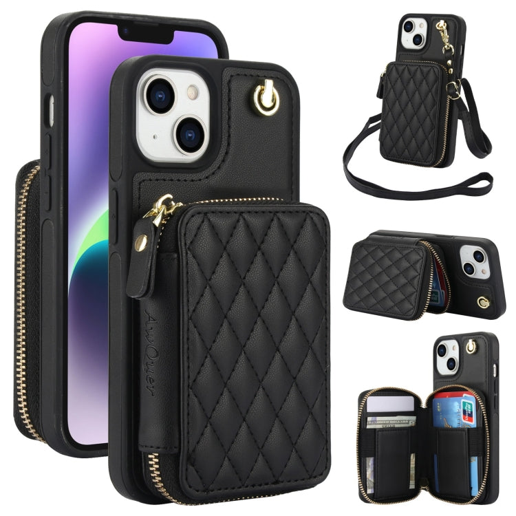 For iPhone 14 Plus AwQuer Crossbody Zipper Wallet Rhombic Leather Back Phone Case(Black)