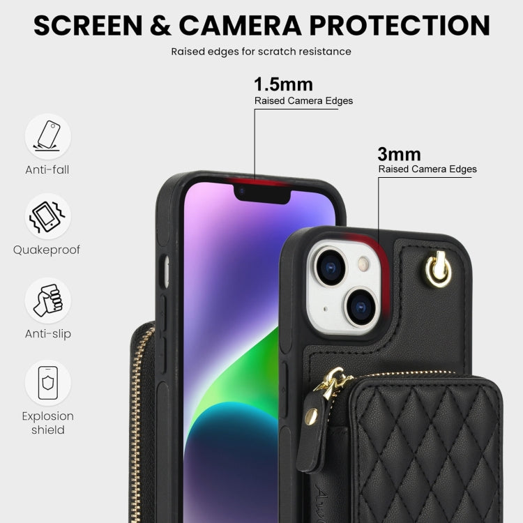 For iPhone 14 Plus AwQuer Crossbody Zipper Wallet Rhombic Leather Back Phone Case(Black)