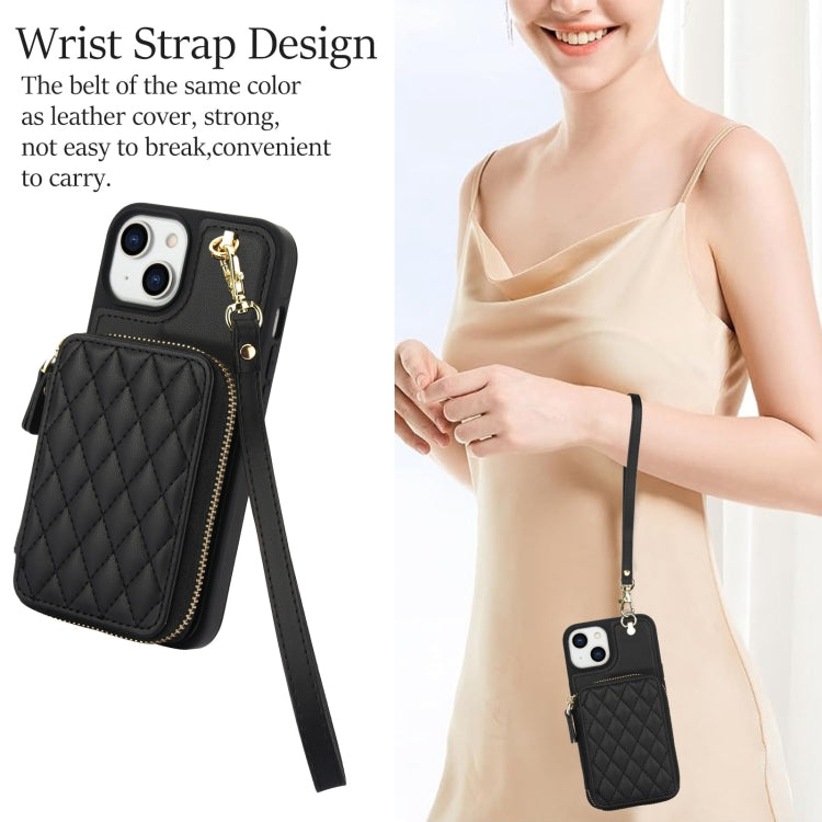 For iPhone 14 Plus AwQuer Crossbody Zipper Wallet Rhombic Leather Back Phone Case(Black)