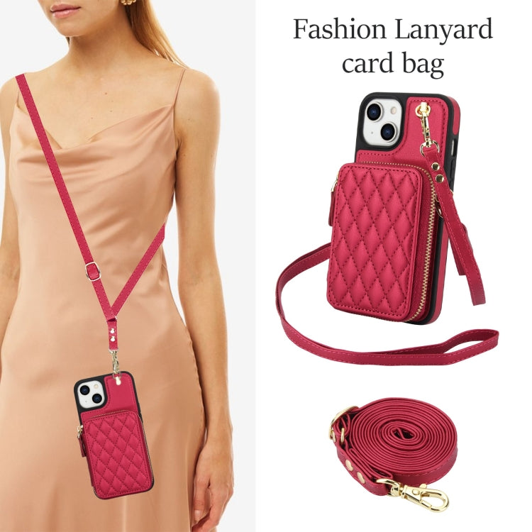 For iPhone 14 Plus AwQuer Crossbody Zipper Wallet Rhombic Leather Back Phone Case(Red)