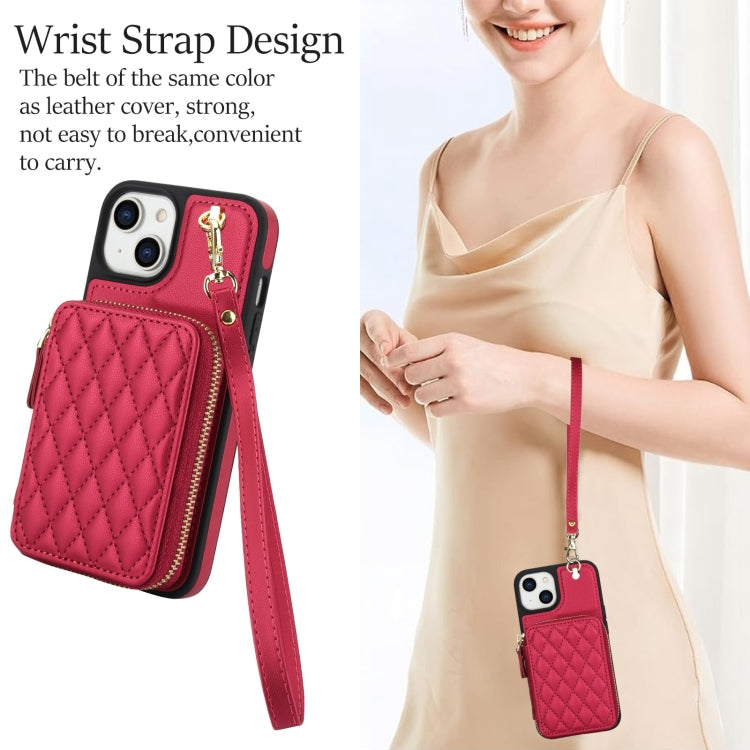 For iPhone 14 Plus AwQuer Crossbody Zipper Wallet Rhombic Leather Back Phone Case(Red)