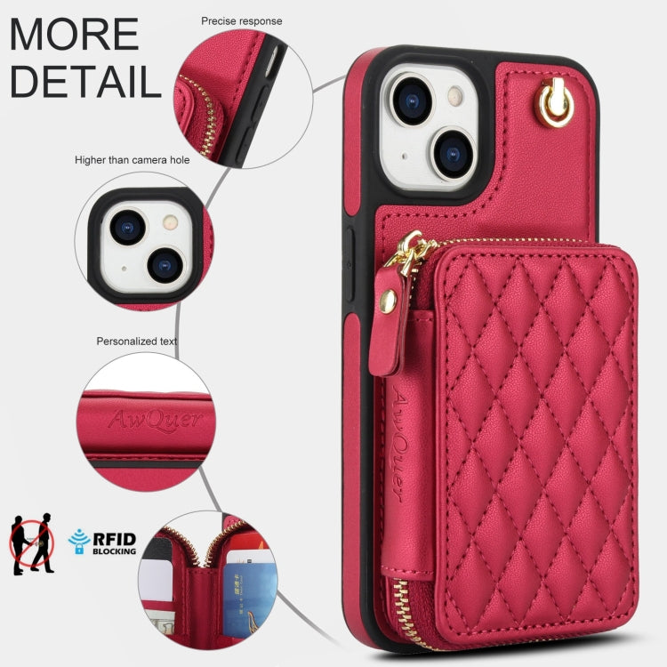 For iPhone 14 Plus AwQuer Crossbody Zipper Wallet Rhombic Leather Back Phone Case(Red)