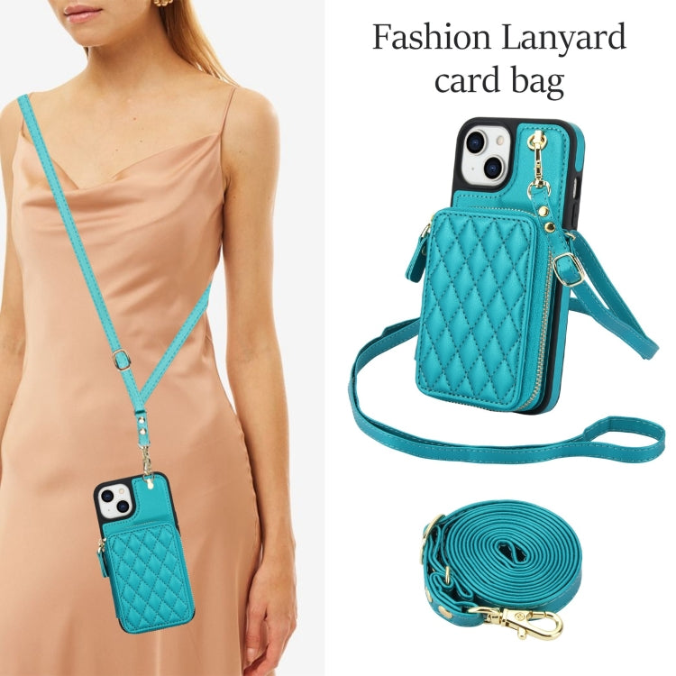 For iPhone 14 Plus AwQuer Crossbody Zipper Wallet Rhombic Leather Back Phone Case(Green)
