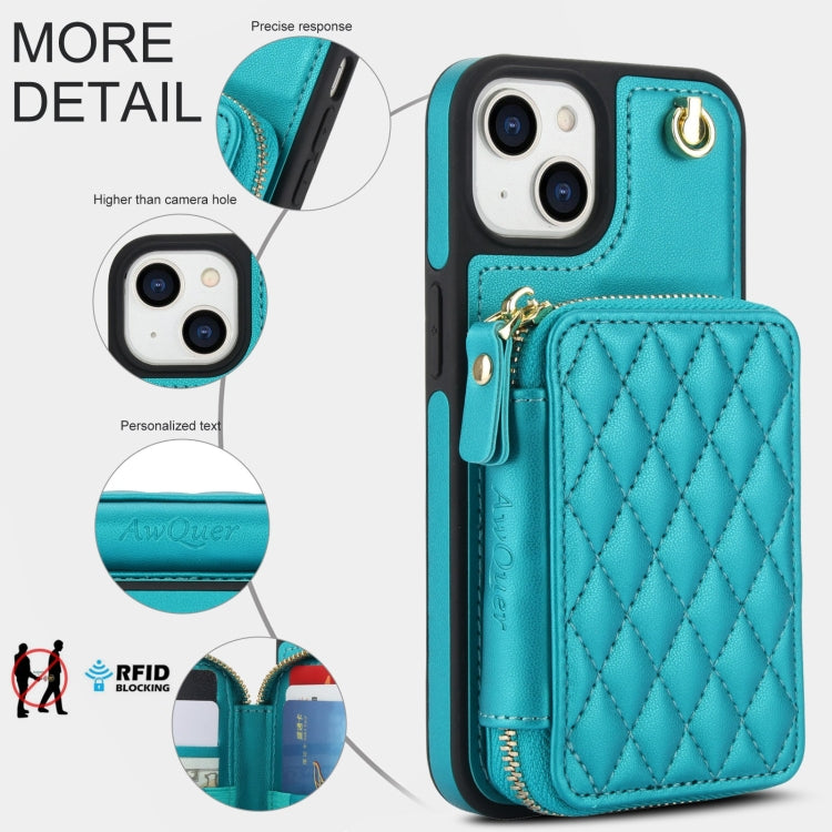 For iPhone 14 Plus AwQuer Crossbody Zipper Wallet Rhombic Leather Back Phone Case(Green)