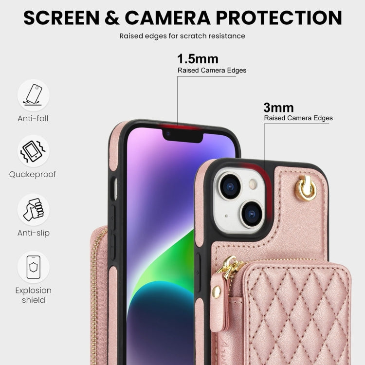 For iPhone 14 Plus AwQuer Crossbody Zipper Wallet Rhombic Leather Back Phone Case(Rose Gold)