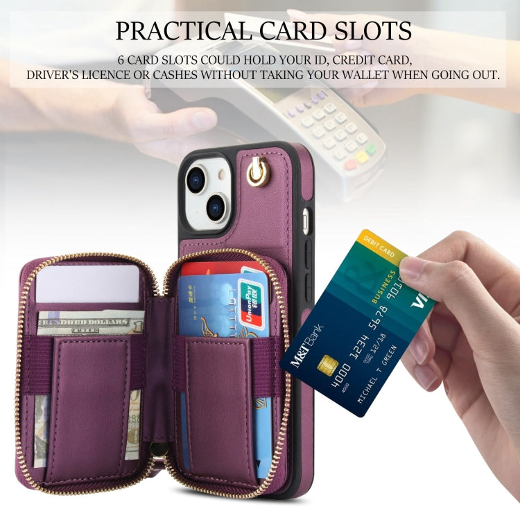 For iPhone 14 Plus AwQuer Crossbody Zipper Wallet Rhombic Leather Back Phone Case(Dark Purple)